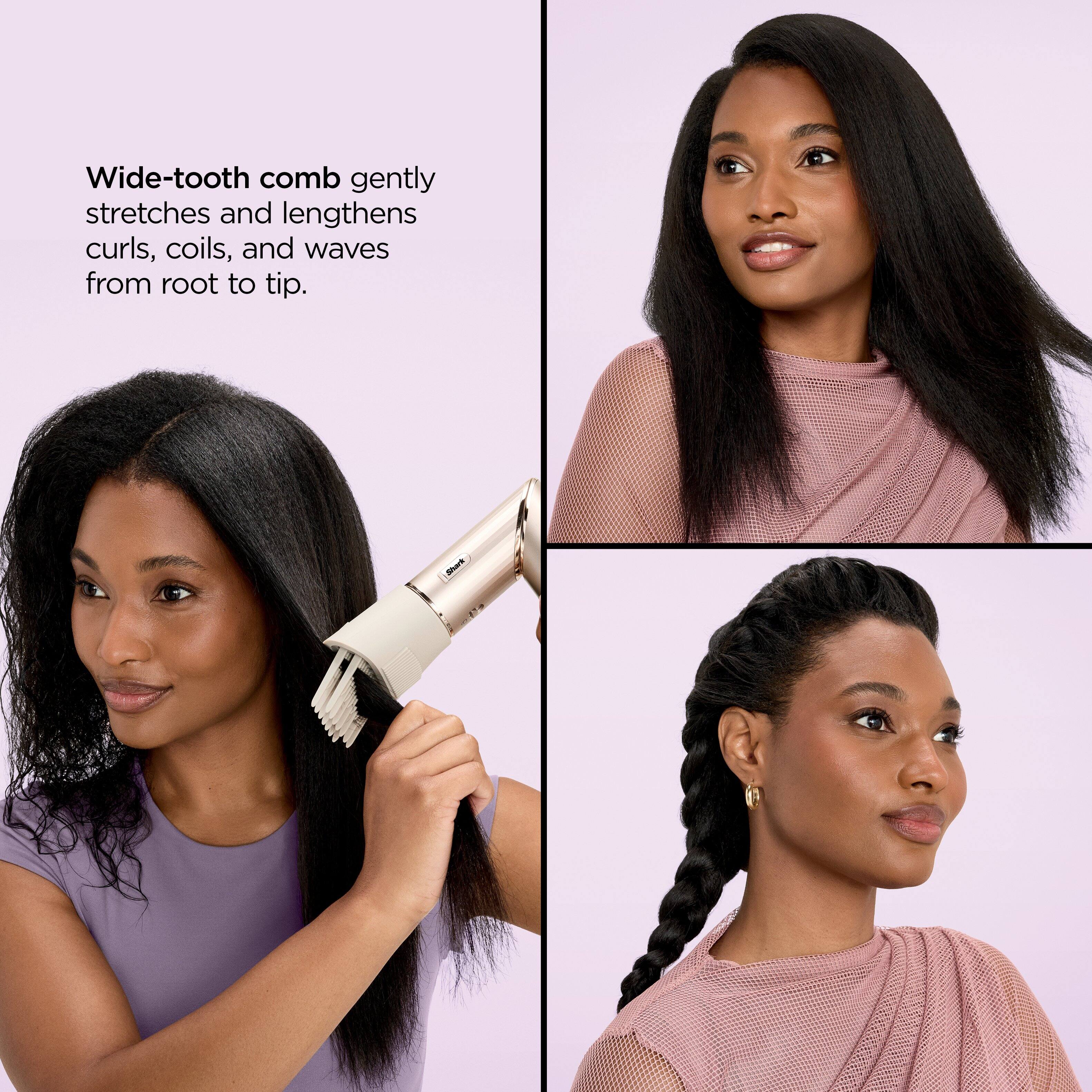 Wide-tooth comb gently stretches and lengthens curls, coils, and waves from root to tip.