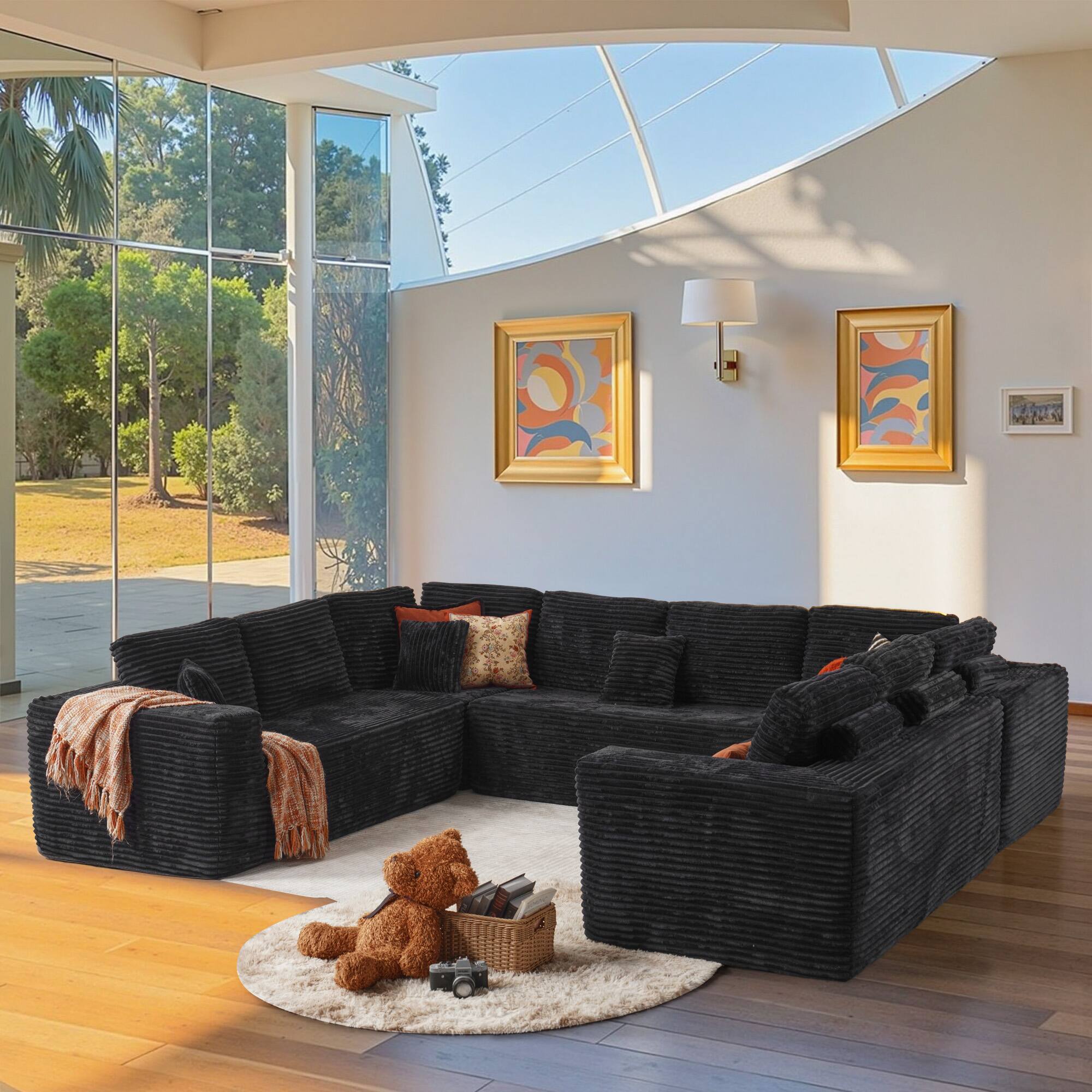 Ovios - 135" Modular Sectional Sofa with Chaise Lounge, U-Shaped Sleeper Couch for Living Room - Black(E5)