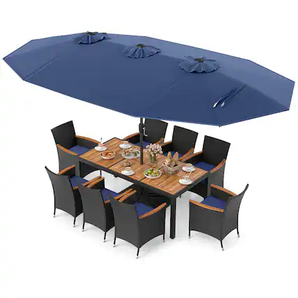 Front. Costway - Costway 11 PCS Patio Wicker Dining Set with Double-Sided Outdoor Umbrella 8 Stackable Chairs - Navy+Navy.