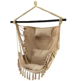 Gymax - Hammock Chair w/ Soft Pillow Cushions Pocket Hanging Rope Swing Steel Bar - Beige