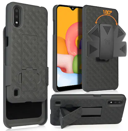 Front. Nakedcellphone - Case with Stand and Belt Clip Holster for Samsung Galaxy A01 - Black.
