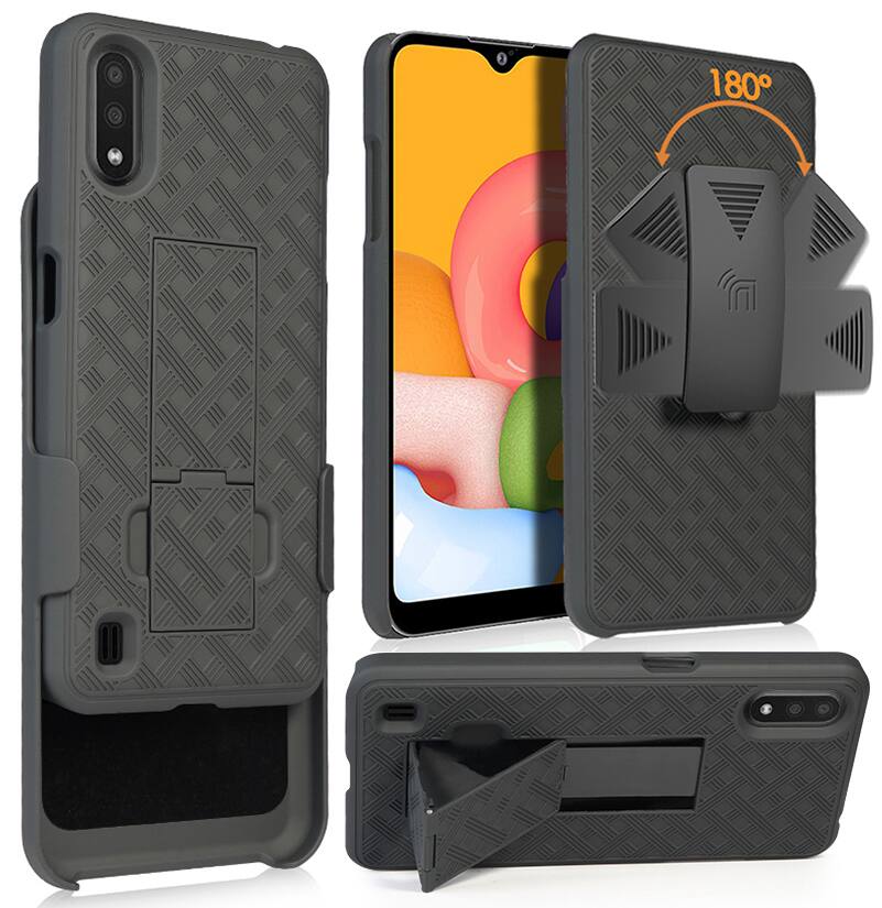 Front. Nakedcellphone - Case with Stand and Belt Clip Holster for Samsung Galaxy A01 - Black.