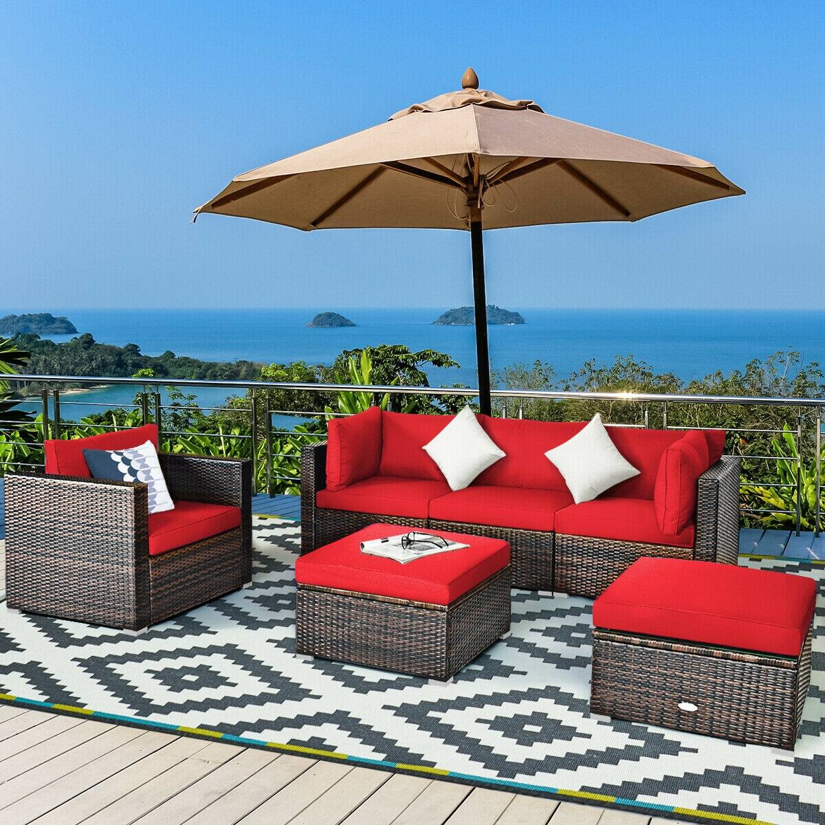 Alt View 2. SlickBlue - Patio 6-Piece Wicker Rattan Furniture Set with Soft Sectional Cushions - Red.