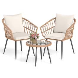 Costway - 3PCS Patio Bistro Set with Soft Cushions, Tempered Glass Coffee Table & Metal Frame - Natural + Off White