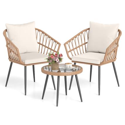 Front. Costway - Costway 3PCS Patio Bistro Set with Soft Cushions, Tempered Glass Coffee Table & Metal Frame - Natural + Off White.