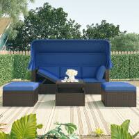 Siljoy - Rattan Daybed with Retractable Canopy, Outdoor Sectional Sofa with Washable Cushions - Blue