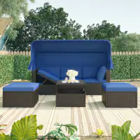 Front. Siljoy - Rattan Daybed with Retractable Canopy, Outdoor Sectional Sofa with Washable Cushions - Blue.