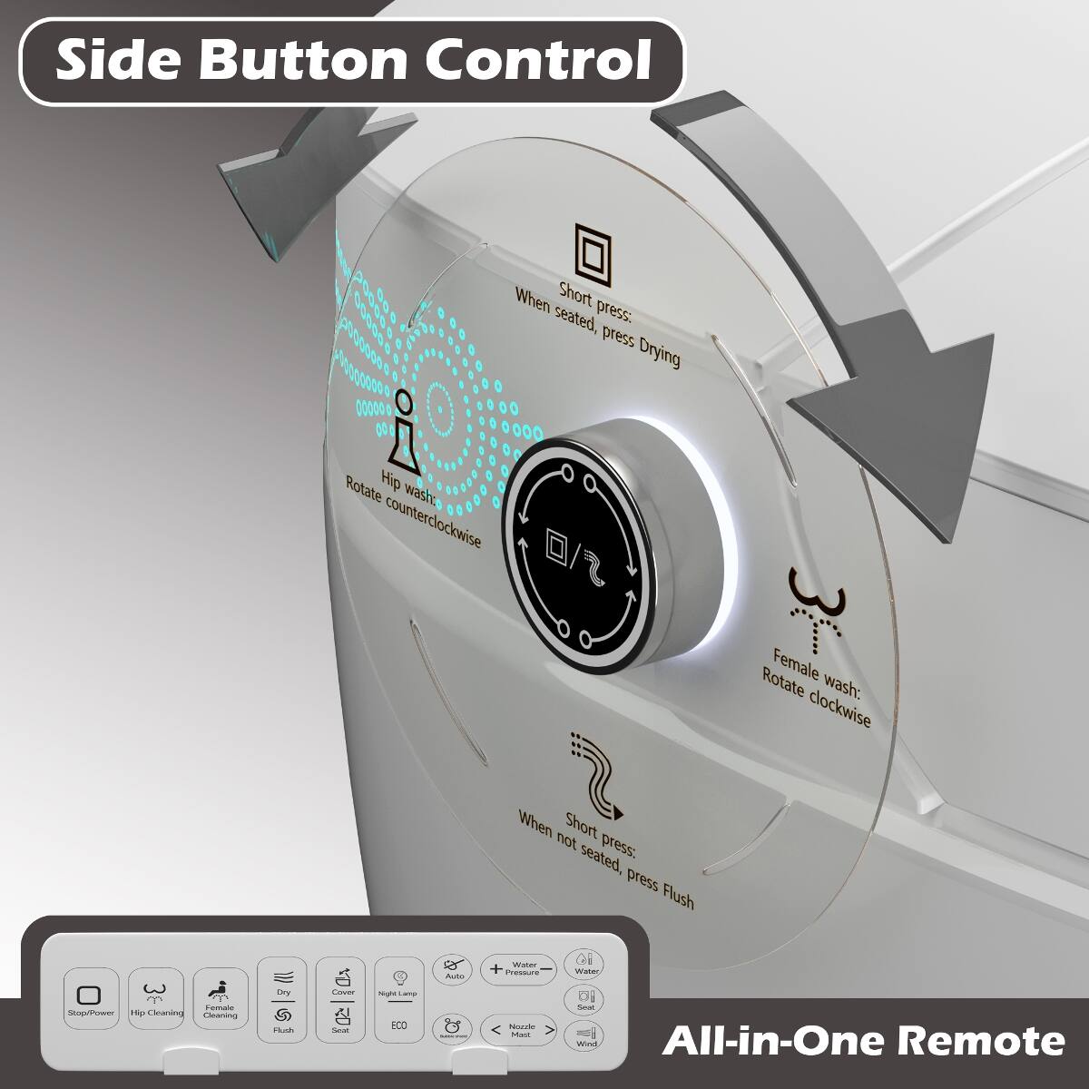 Side Button Control

When Short press: seated, press Drying
Hip wash: counterclockwise
Female wash: clockwise

When not Short seated, press: press Flush

Auto
Water + Pressure
All Water
Female Stop/Power Hip Cleaning
Dry Flush
Cover Seat
Night Lamp ECO
Nozzle
Smat Wind

All-in-One Remote