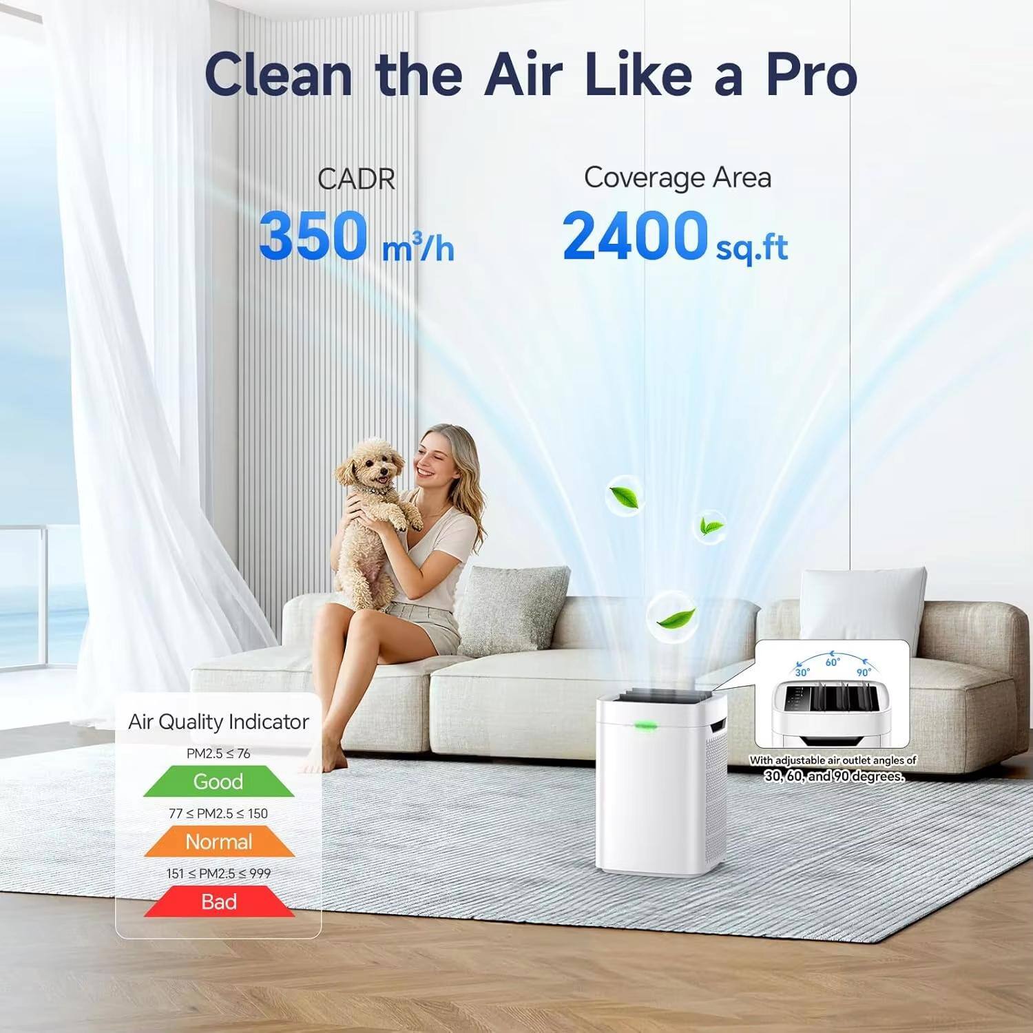 Clean the Air Like a Pro

CADR 350 m³/h

Coverage Area 2400 sq.ft

Air Quality Indicator
- PM2.5 ≤ 76: Good
- 77 ≤ PM2.5 ≤ 150: Normal
- 151 ≤ PM2.5 ≤ 999: Bad

With adjustable air outlet angles of 30°, 60°, and 90° degrees.