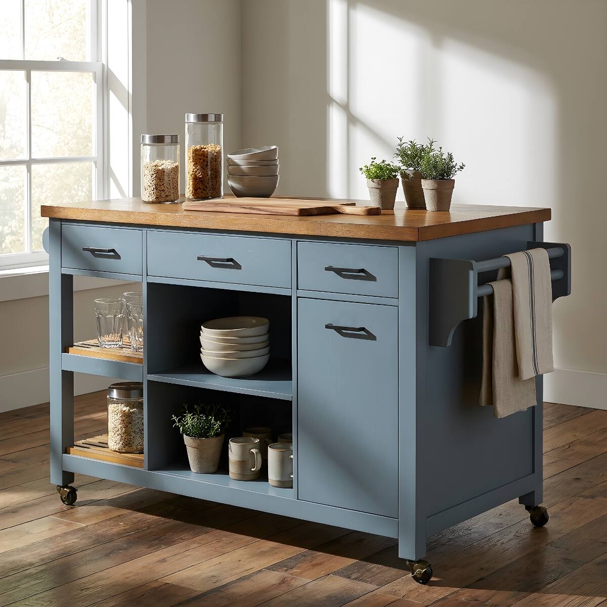Alt View 1. Loheer - Loheer 52 inch kitchen island cart rubber wood top rolling kitchen island with storage drawers - Blue Gray.