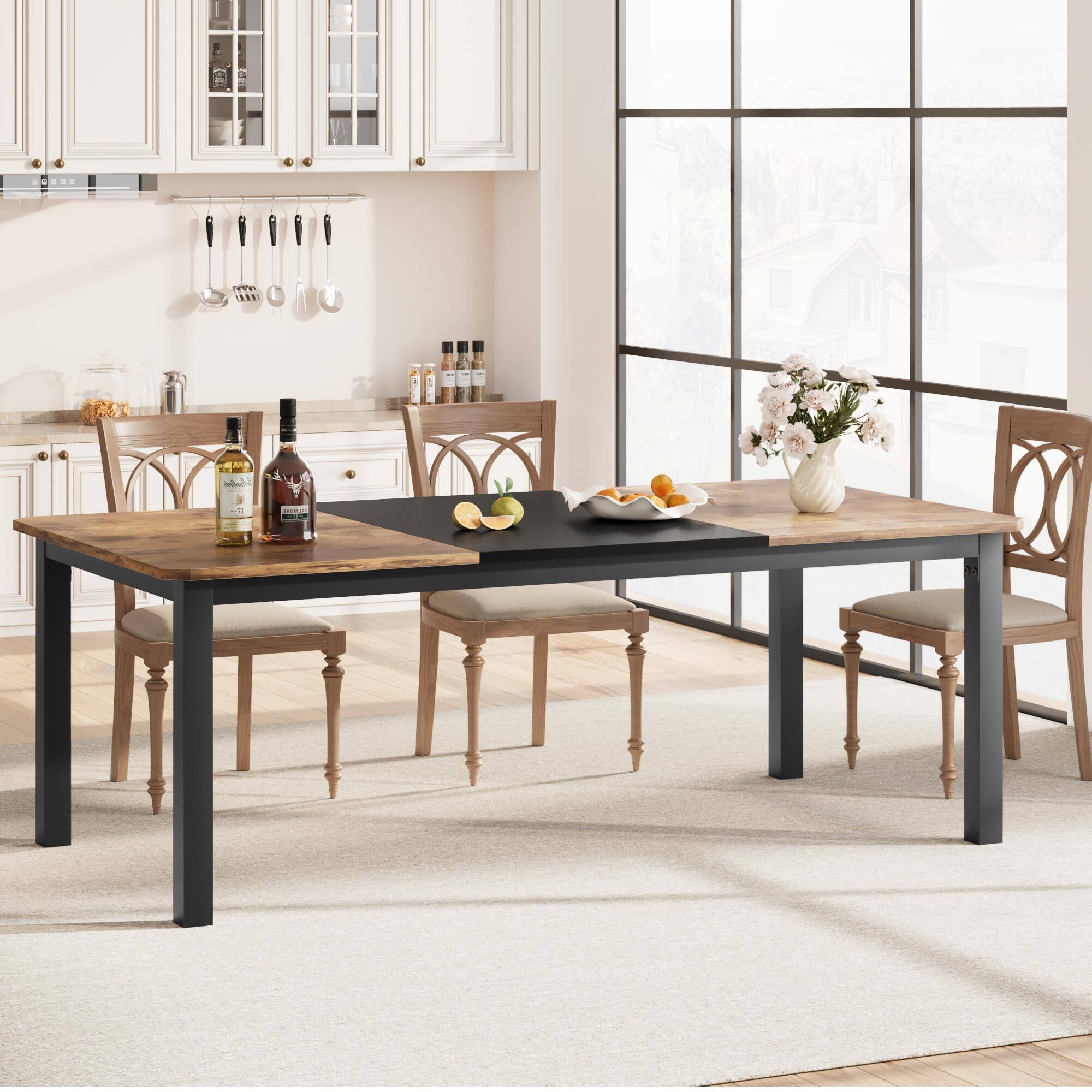 Left. Acekool - 79" Large Dining Table for 6–8 People, 0.6" Thick Wooden Top Sturdy Metal Legs , Family-Safe Rounded Corners - Black.
