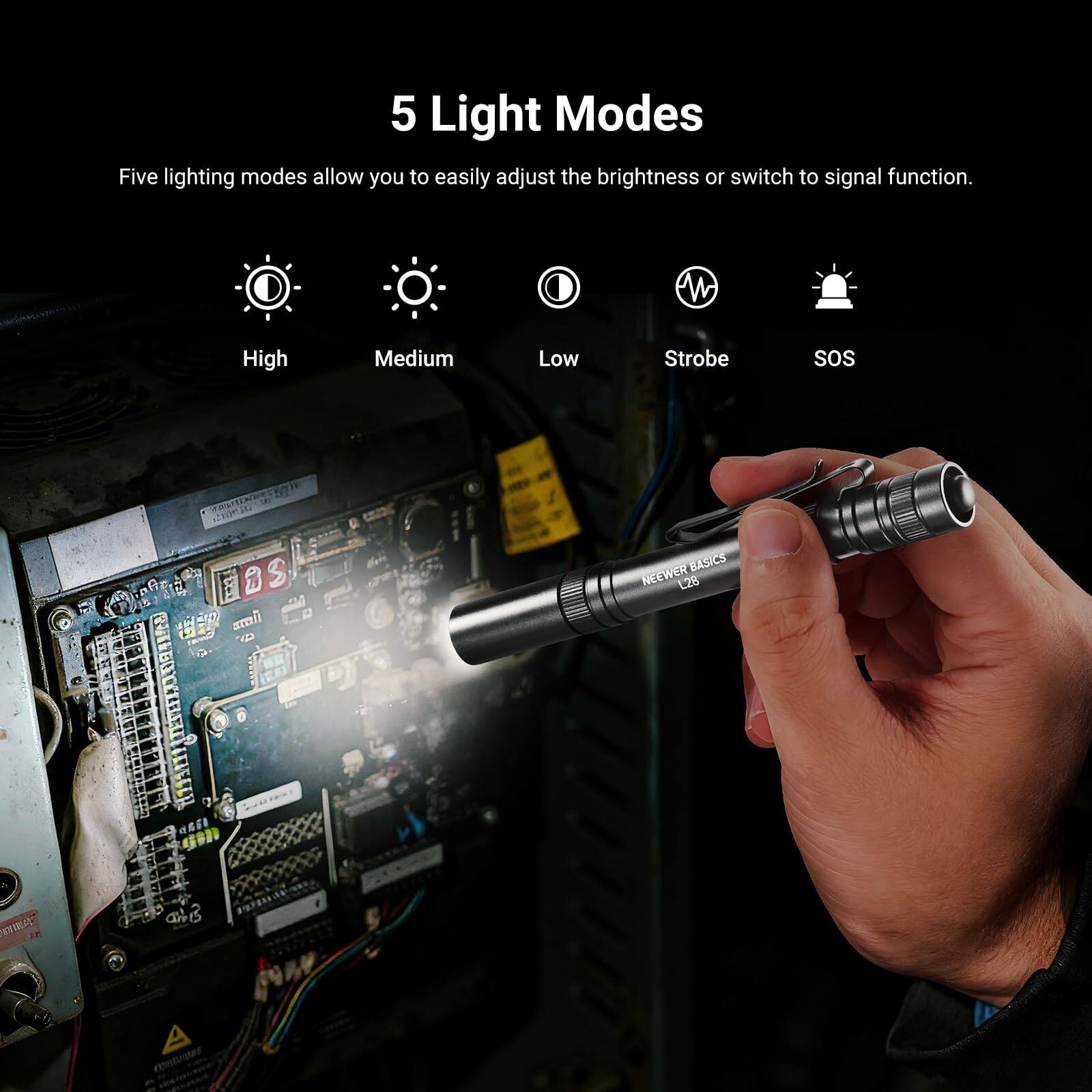5 Light Modes

Five lighting modes allow you to easily adjust the brightness or switch to signal function.

High Medium Low Strobe SOS

NEENER BASICS L28