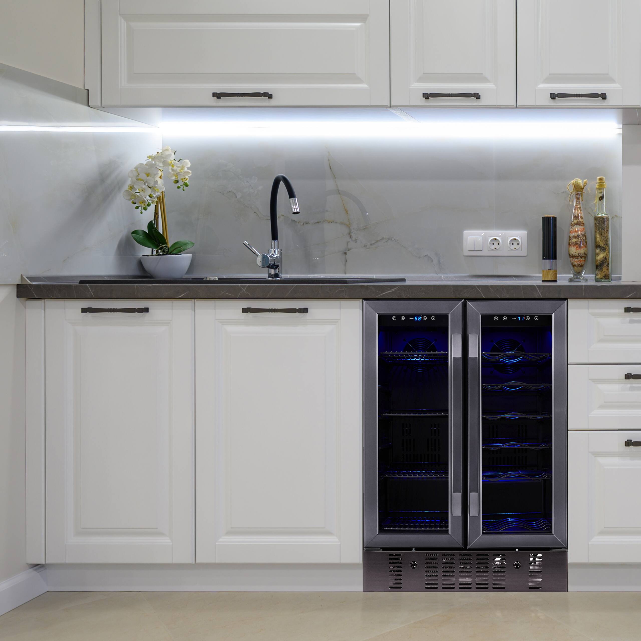 Left. NewAir - 24” Built-in Dual Zone 18 Bottle and 58 Can Wine and Beverage Cooler with French Doors and Adjustable Shelves - Black Stainless Steel.