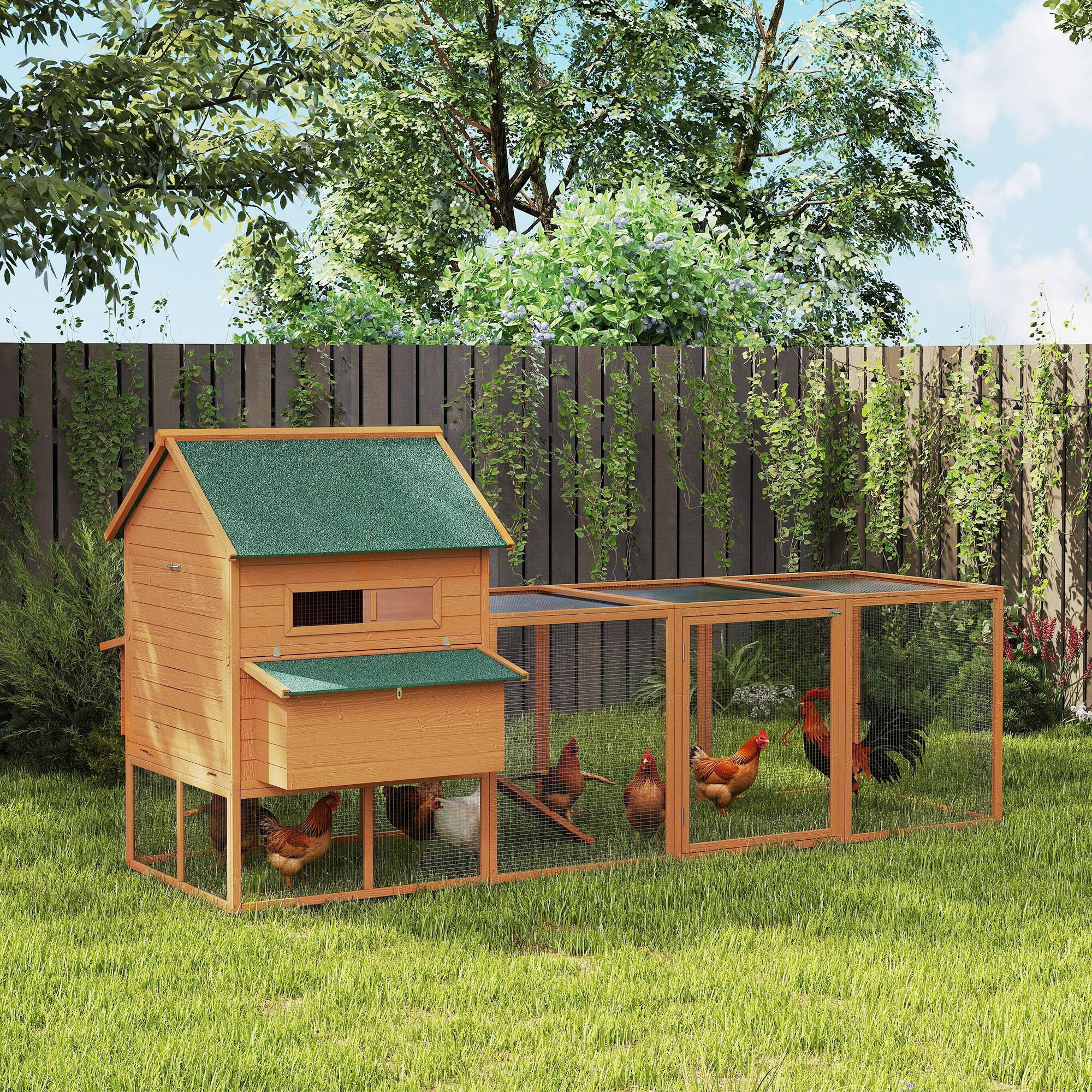Angle. Pawhut - 137" Chicken Coop for 8-10 Chickens, Large, Wooden Poultry Hen Cage with Nesting Box and Run for Backyard.