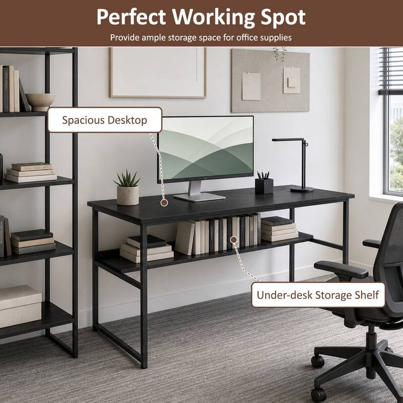 Perfect Working Spot  
Provide ample storage space for office supplies  
Spacious Desktop  
Under-desk Storage Shelf