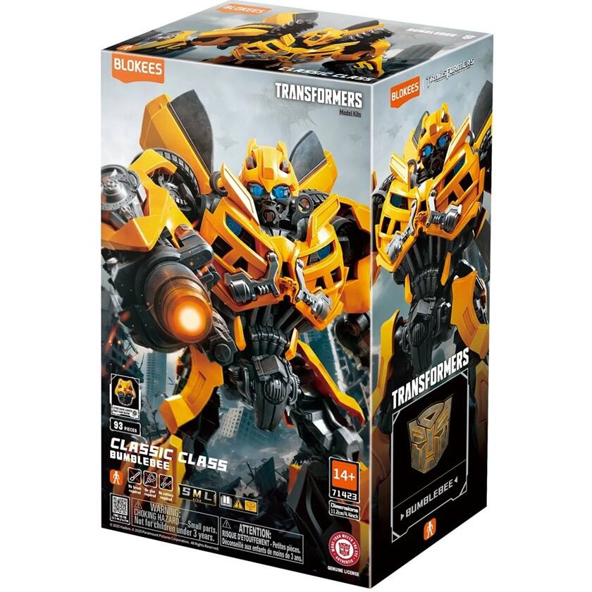 SEES - BLOKEES TRANSFORMERS BLOKEES Madel KOs CRRER 93 PIECES BUMBLEBEE CLASSIC CLASS - SML I m CHOKING WARNING: Not for HAZARO Small A children under parts. ATTENTION: 3 years. RISQUE Dieconseille D'ETOUFFEMENT Petites pièces à enfant de moins de 3 ans TRANSFORMERS 14+ 71423 BUMBLEBEE Dinenione 11.2m44cch 4 DARETHAR NRTBEA FRINCETS SENUNE LICENSE