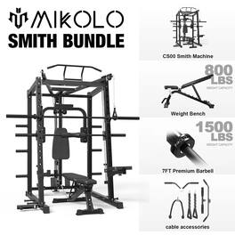 Mikolo - Smith Machine, 2000LBS Power Cage Squat Rack, Chest Fly Machine with Two LAT Pull-Down Systems - Black