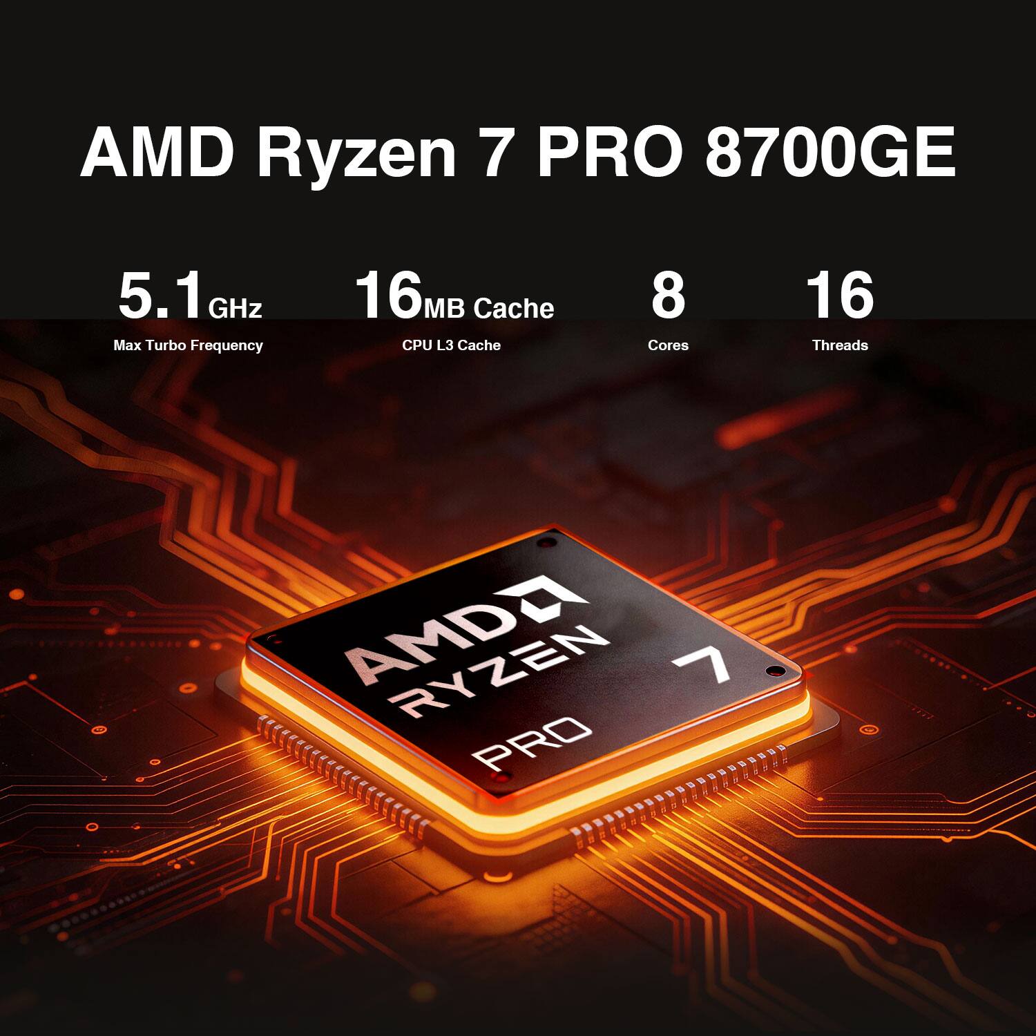 AMD Ryzen 7 PRO 8700GE  
5.1 GHz Max Turbo Frequency  
16MB L3 Cache  
8 Cores  
16 Threads