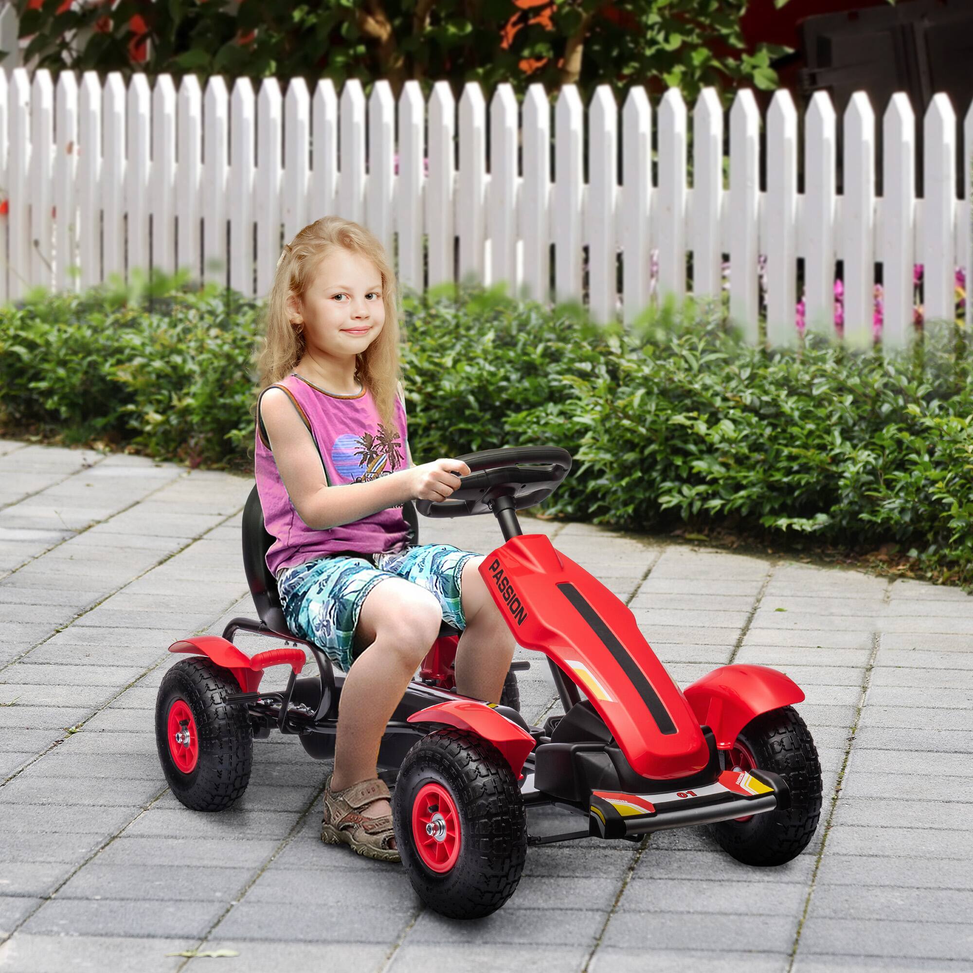 Angle. Aosom - Kids Pedal Go Kart, Adjustable Seat, Sharp Handling, Handbrake, 4 Non-Slip Rubber Wheels, Ages 5-12.