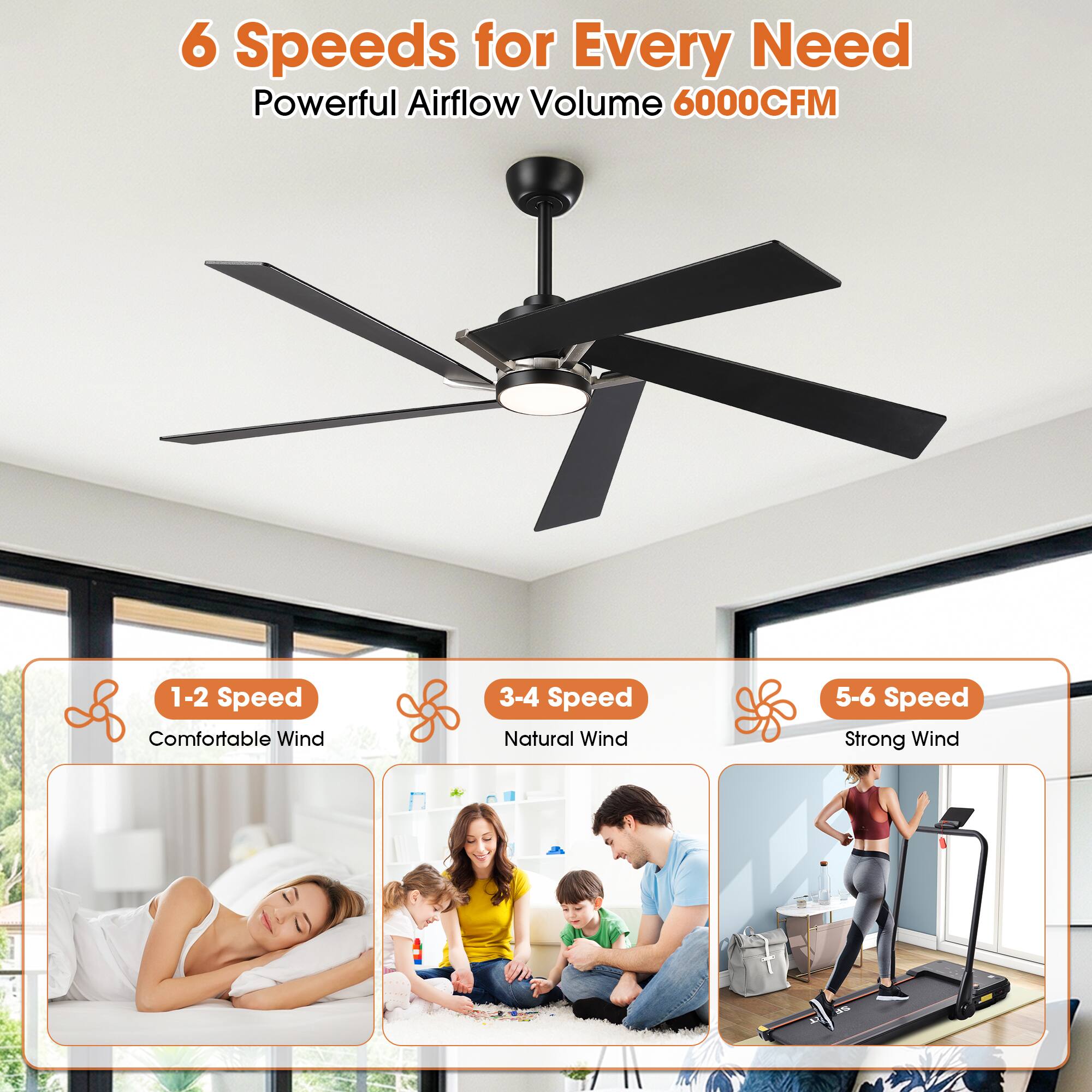 6 Speeds for Every Need  
Powerful Airflow Volume 6000CFM  
1-2 Speed: Comfortable Wind  
3-4 Speed: Natural Wind  
5-6 Speed: Strong Wind