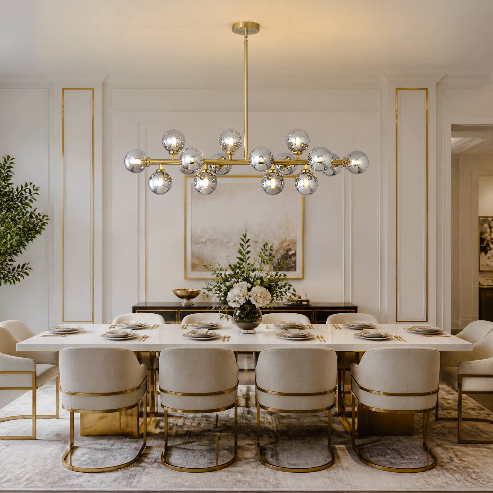 Alt View 1. Siljoy - 39.4 Inch Linear Modern Gold Molecular Chandelier, Smoked Glass Globe Pendant Light for Dining Room, Kitchen Island - Smoked Glass.