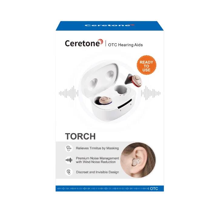 Ceretone OTC Hearing Aids  
READY TO USE  
TORCH  
Relieves Tinnitus by Masking  
Premium Noise Management with Wind Noise Reduction  
Discreet and Invisible Design