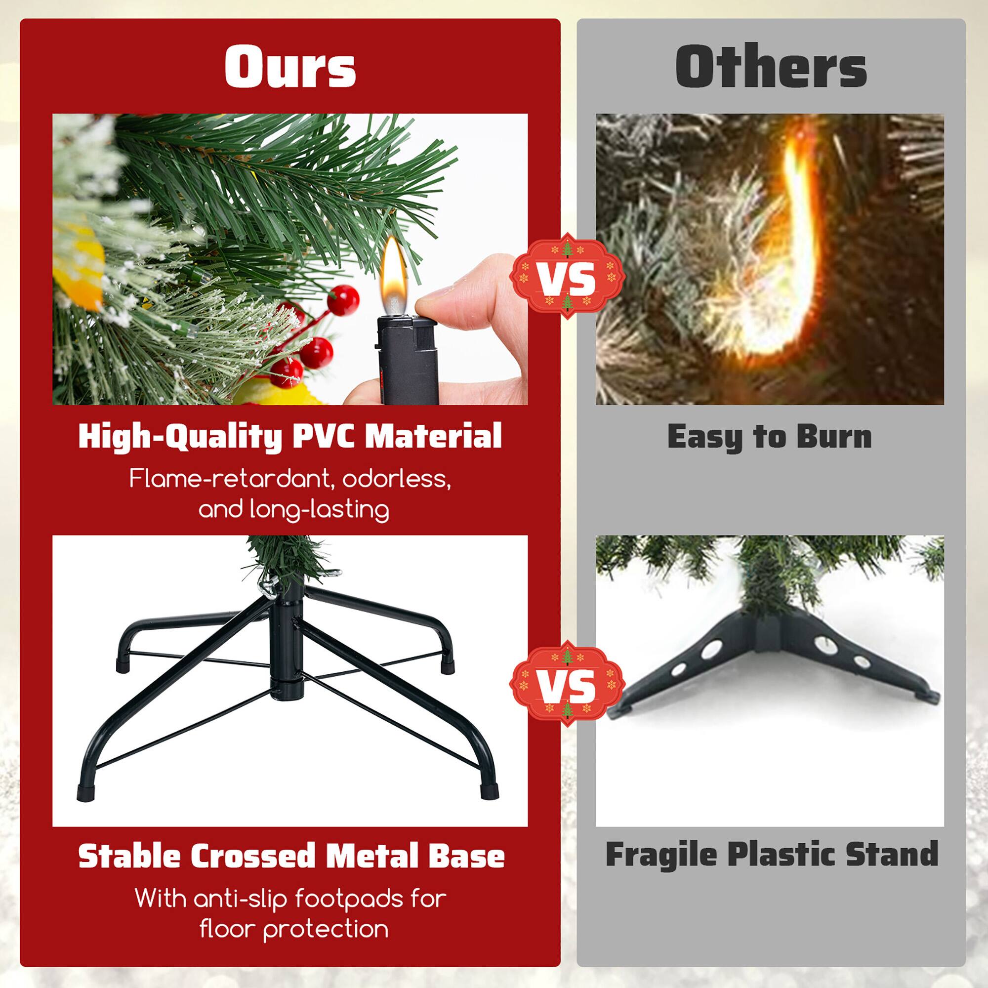 **Ours**

- High-Quality PVC Material  
  Flame-retardant, odorless, and long-lasting

- Stable Crossed Metal Base  
  With anti-slip footpads for floor protection

**Others**

- Easy to Burn

- Fragile Plastic Stand
