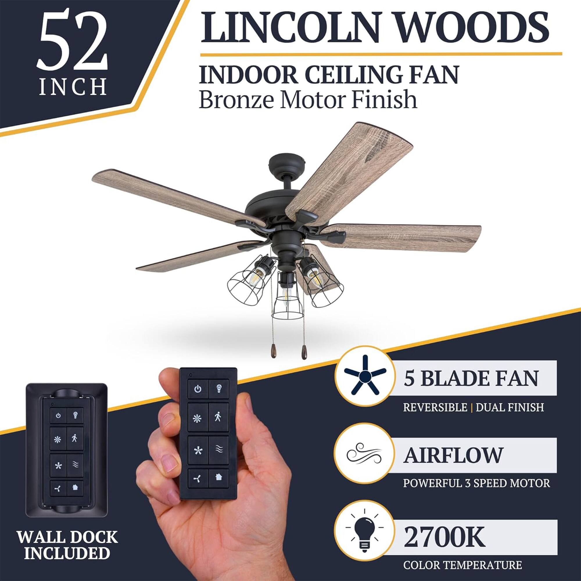 52 INCH LINCOLN WOODS INDOOR CEILING FAN Bronze Motor Finish 5 BLADE FAN REVERSIBLE | DUAL FINISH AIRFLOW POWERFUL 3 SPEED MOTOR WALL DOCK INCLUDED 2700K COLOR TEMPERATURE