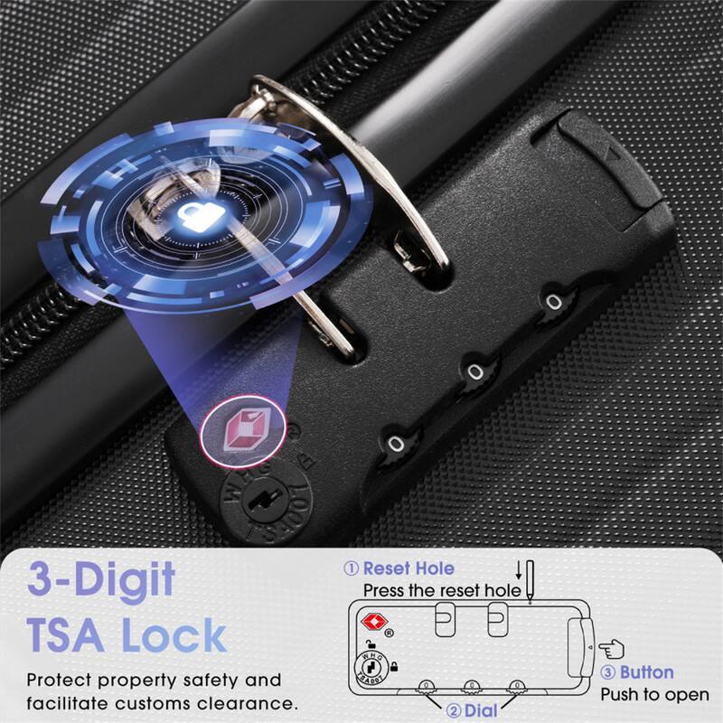 3-Digit TSA Lock

Protect property safety and facilitate customs clearance.

1. Reset Hole
   Press the reset hole

2. Dial

3. Button
   Push to open