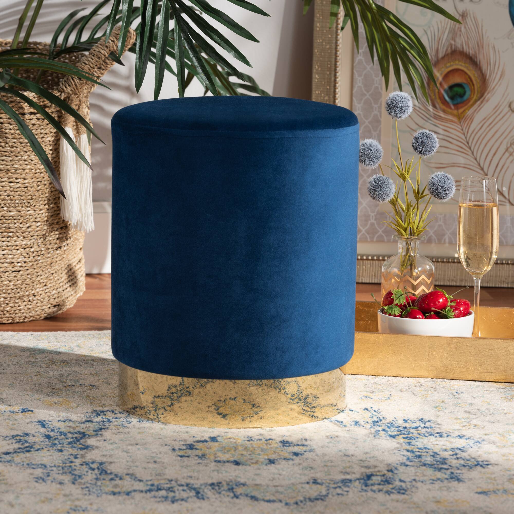 Alt View 1. Baxton Studio - Chaela Contemporary Glam and Luxe Velvet Fabric Upholstered and Gold Finished Metal Ottoman - Navy Blue/Gold.