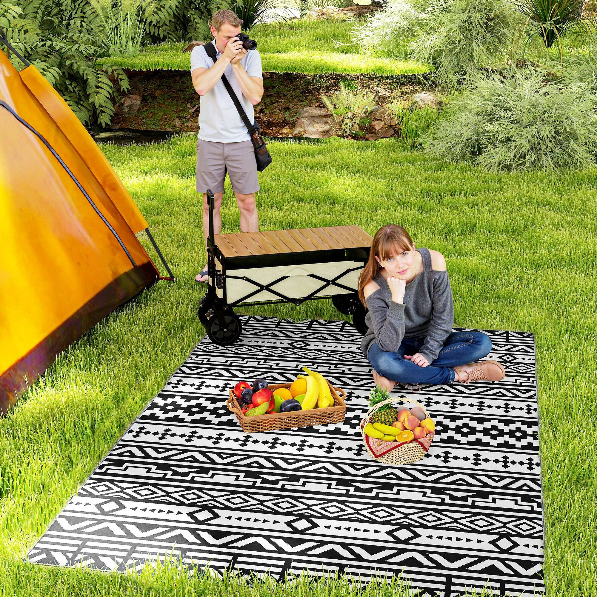 Alt View 1. Outsunny - Outdoor Rug for Patio, 6' x 9' Waterproof Large Mat, Reversible Plastic Straw Rug for Décor - Black and White Geometric Wall.