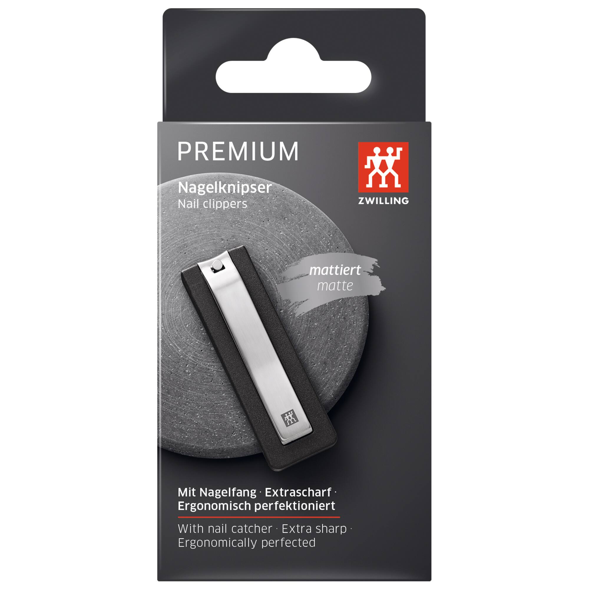 PREMIUM Nagelknipser Nail clippers ZWILLING mattiert matte  
Mit Nagelfang Extrascharf Ergonomisch perfektioniert  
With nail catcher Extra sharp Ergonomically perfected