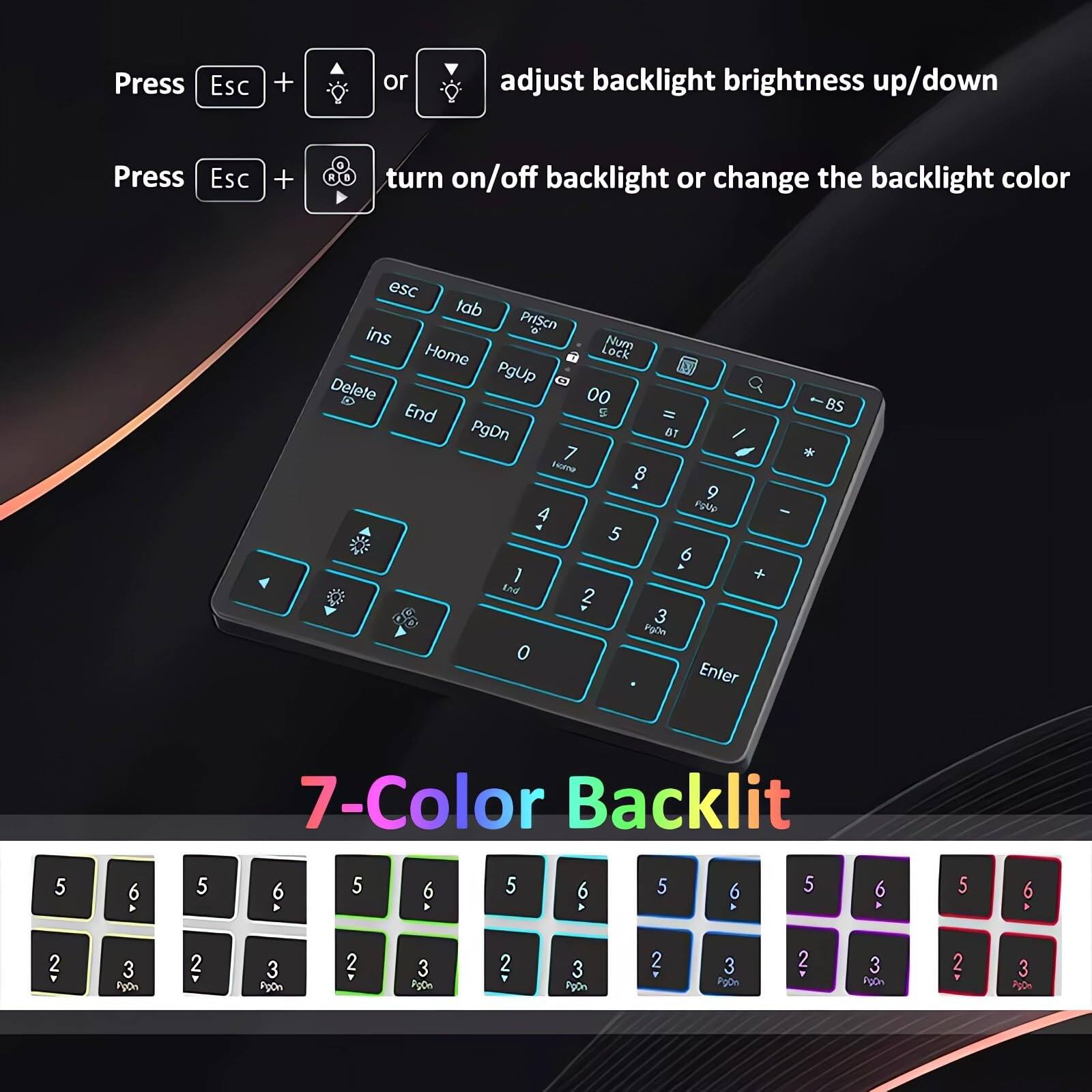 Press Esc + ↑ or ↓ to adjust backlight brightness up/down  
Press Esc + O to turn on/off backlight or change the backlight color  

7-Color Backlit
