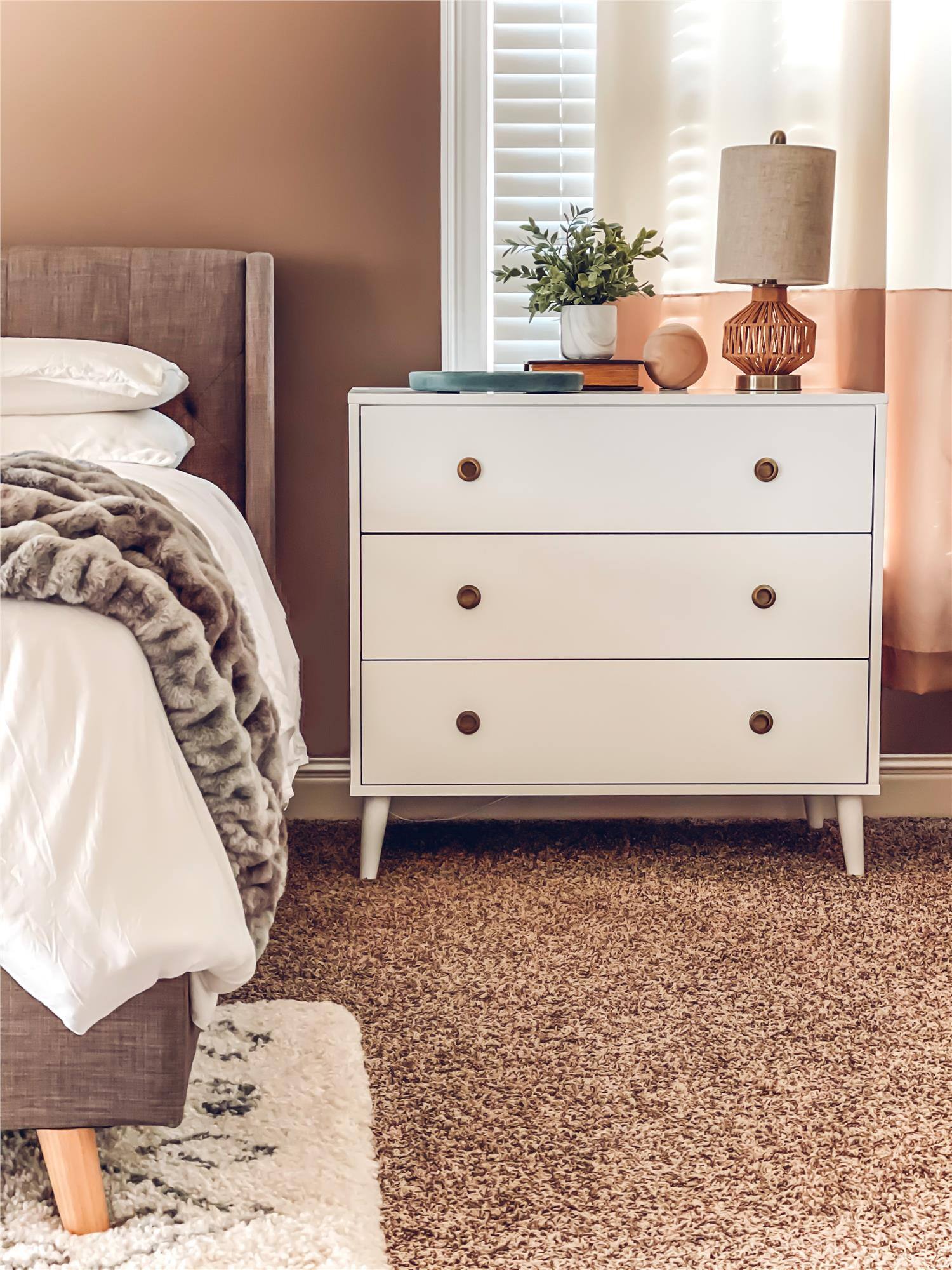 Angle. Aukfa - Mid-Century Modern 3-Drawer Dresser - Solid Pine Wood, Gold Pulls, 35.5"W x 33.5"H, 30lb Top/15lb Drawer Weight Capacity - White.