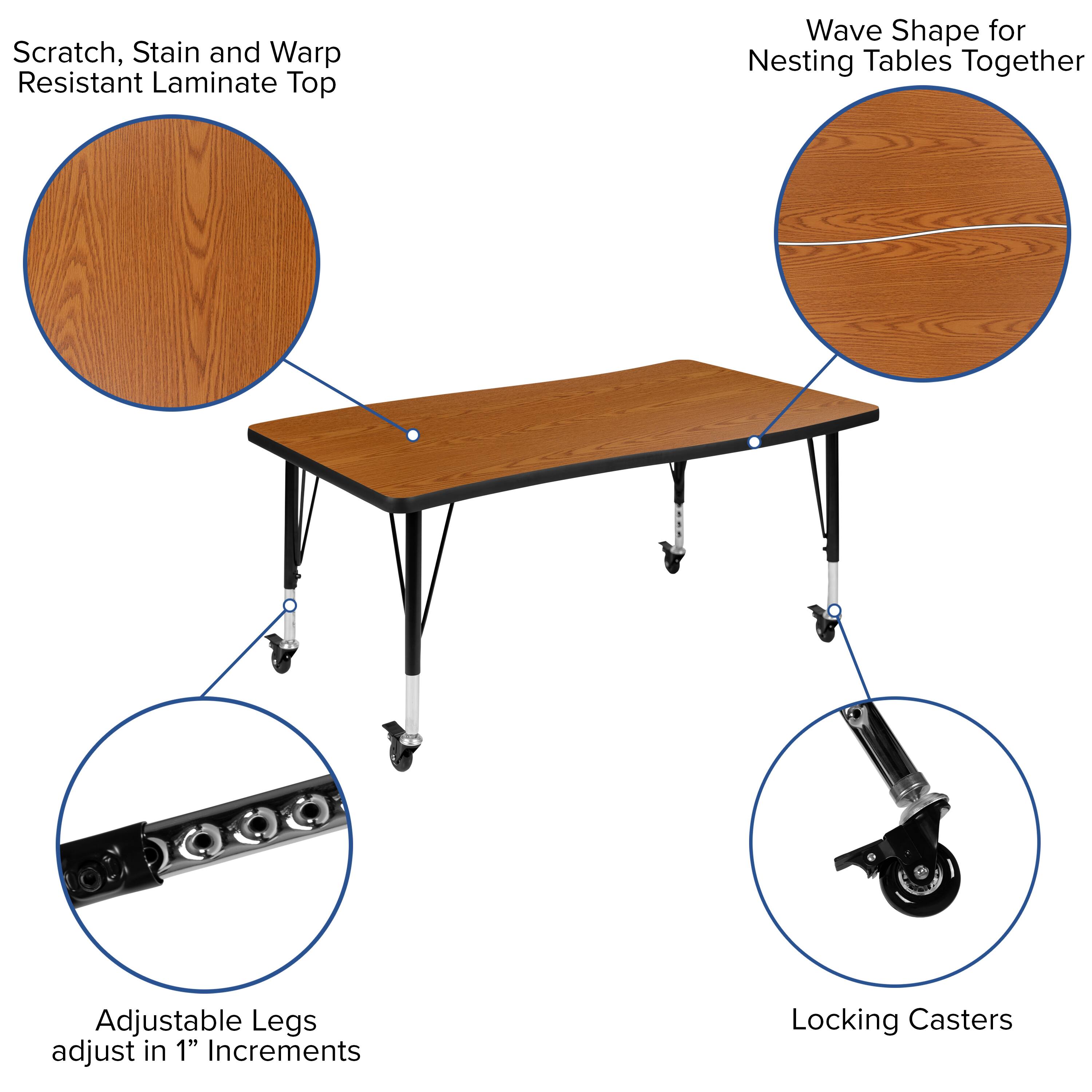 Scratch, Stain and Warp Resistant Laminate Top

Wave Shape for Nesting Tables Together

Adjustable Legs adjust in 1" Increments

Locking Casters