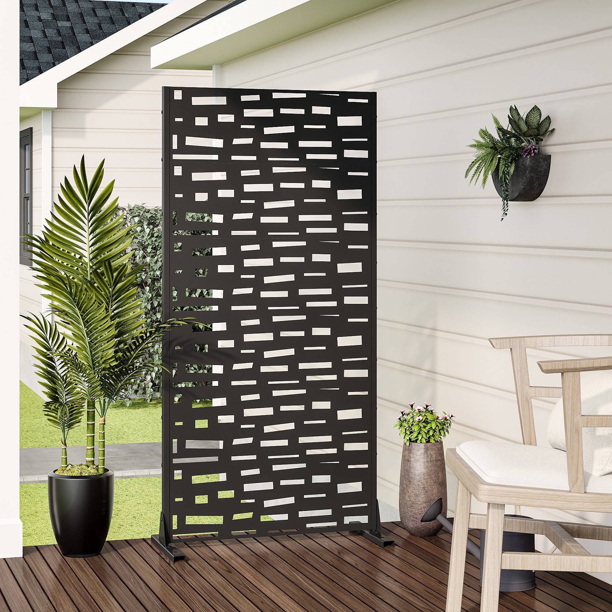 Alt View 2. PexFix - 72 in. x 35 in. Gerald Pattern Metal Outdoor Privacy Screen & Panels, Freestanding Garden Divider Fence - Black.