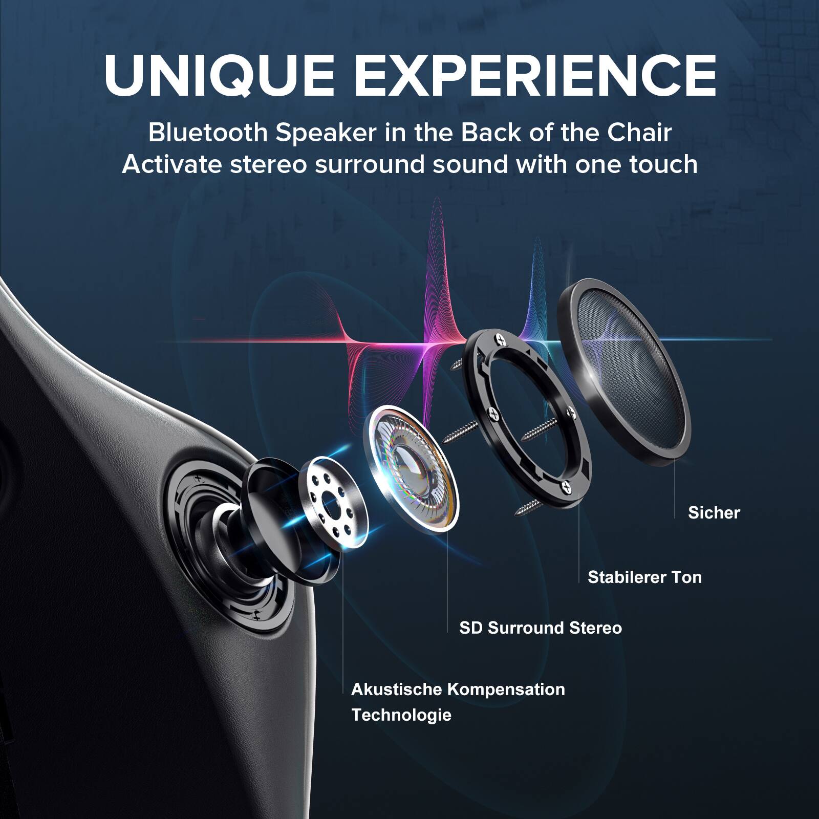 UNIQUE EXPERIENCE  
Bluetooth Speaker in the Back of the Chair  
Activate stereo surround sound with one touch  

Sicher  
Stabiler Ton  
SD Surround Stereo  
Akustische Kompensation Technologie