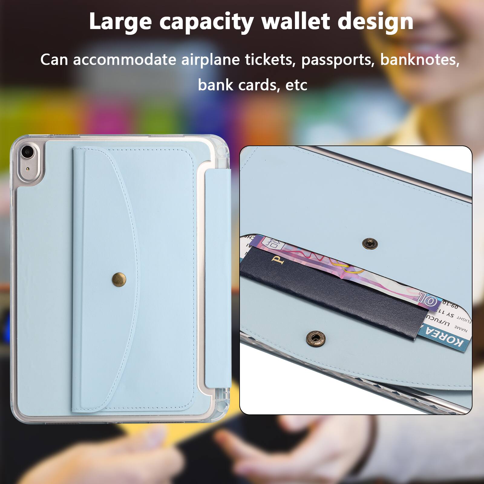 Large capacity wallet design  
Can accommodate airplane tickets, passports, banknotes, bank cards, etc