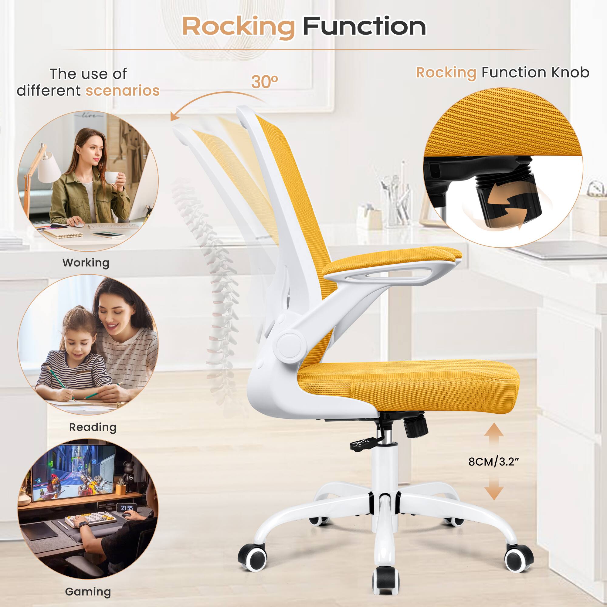 Rocking Function

The use of different scenarios

30°

Working

Reading

Gaming

Rocking Function Knob

8CM/3.2"