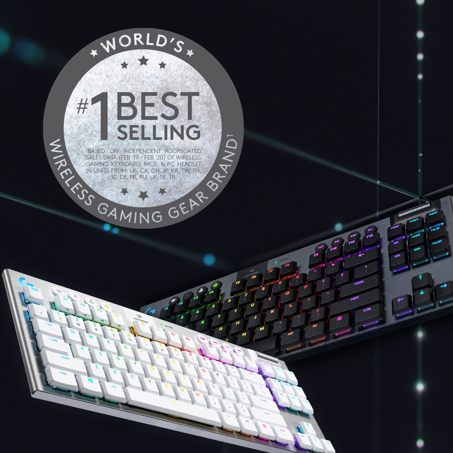 WORLD'S #1 BEST SELLING GAMING GEAR ON INDEPENDENT AGGREGATED SALES DATA (FEB 19 - FEB 20) OF WIRELESS GAMING UNITS FROM: KEYBOARD, MOUSE, HEADSET FROM: US, FR, RU, CA, MICE, UK, CN, SE, JP. PC TR, KR, HEADSET FROM THE BRAND.
