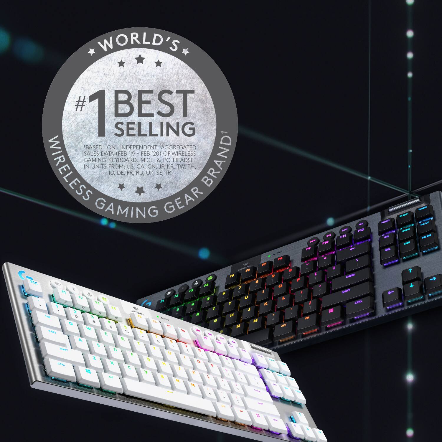 WORLD'S #1 BEST SELLING GAMING GEAR ON INDEPENDENT AGGREGATED SALES DATA (FEB 19 - FEB 20) OF WIRELESS GAMING UNITS FROM: KEYBOARD, MOUSE, HEADSET FROM: US, FR, RU, CA, MICE, UK, CN, SE, JP. PC TR, KR, HEADSET FROM THE BRAND.