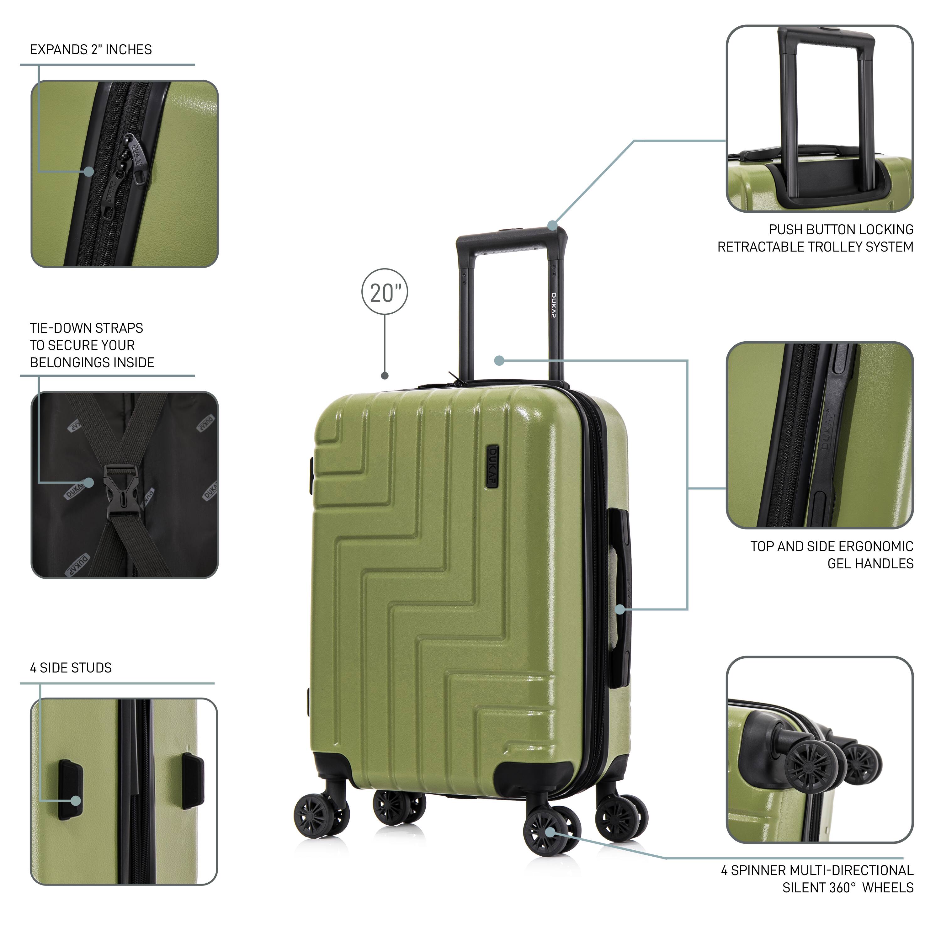 - EXPANDS 2" INCHES
- TIE-DOWN STRAPS TO SECURE YOUR BELONGINGS INSIDE
- 4 SIDE STUDS
- PUSH BUTTON LOCKING RETRACTABLE TROLLEY SYSTEM
- TOP AND SIDE ERGONOMIC GEL HANDLES
- 4 SPINNER MULTI-DIRECTIONAL SILENT 360° WHEELS