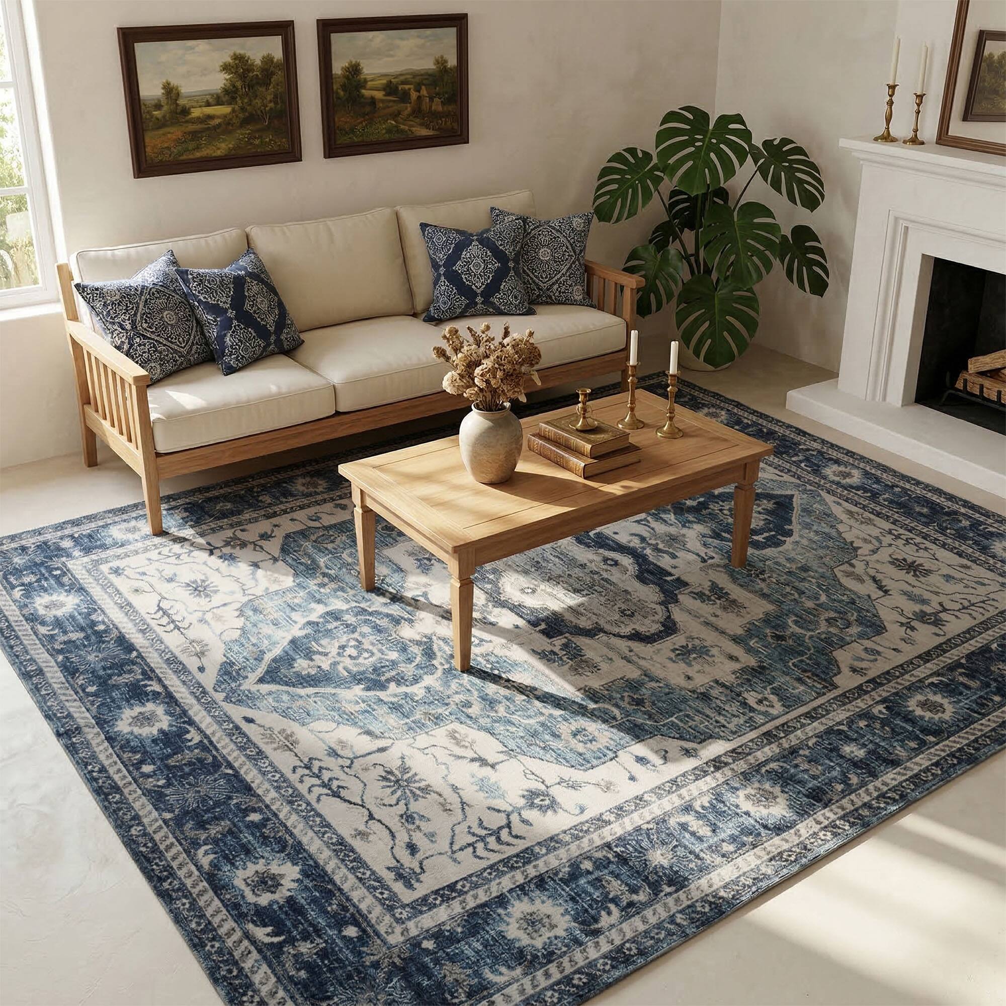 Angle. RYHNUYNE - 5x7 Area Rugs Living Room Rug, Washable Vintage Medallion Rug, Soft Carpet for Dining Room Bedroom Home Office(Blue) - Blue.