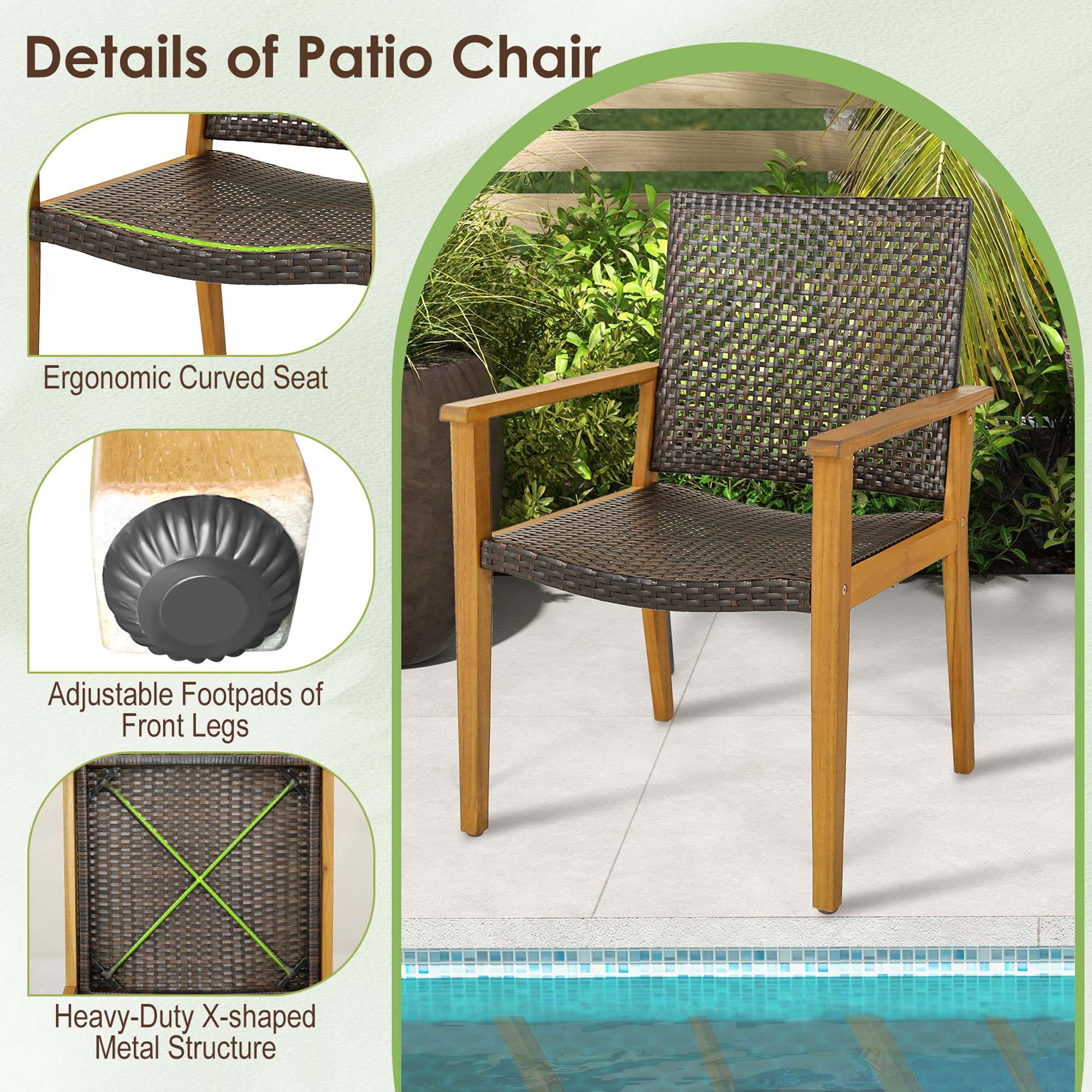 Details of Patio Chair

- Ergonomic Curved Seat
- Adjustable Footpads of Front Legs
- Heavy-Duty X-shaped Metal Structure