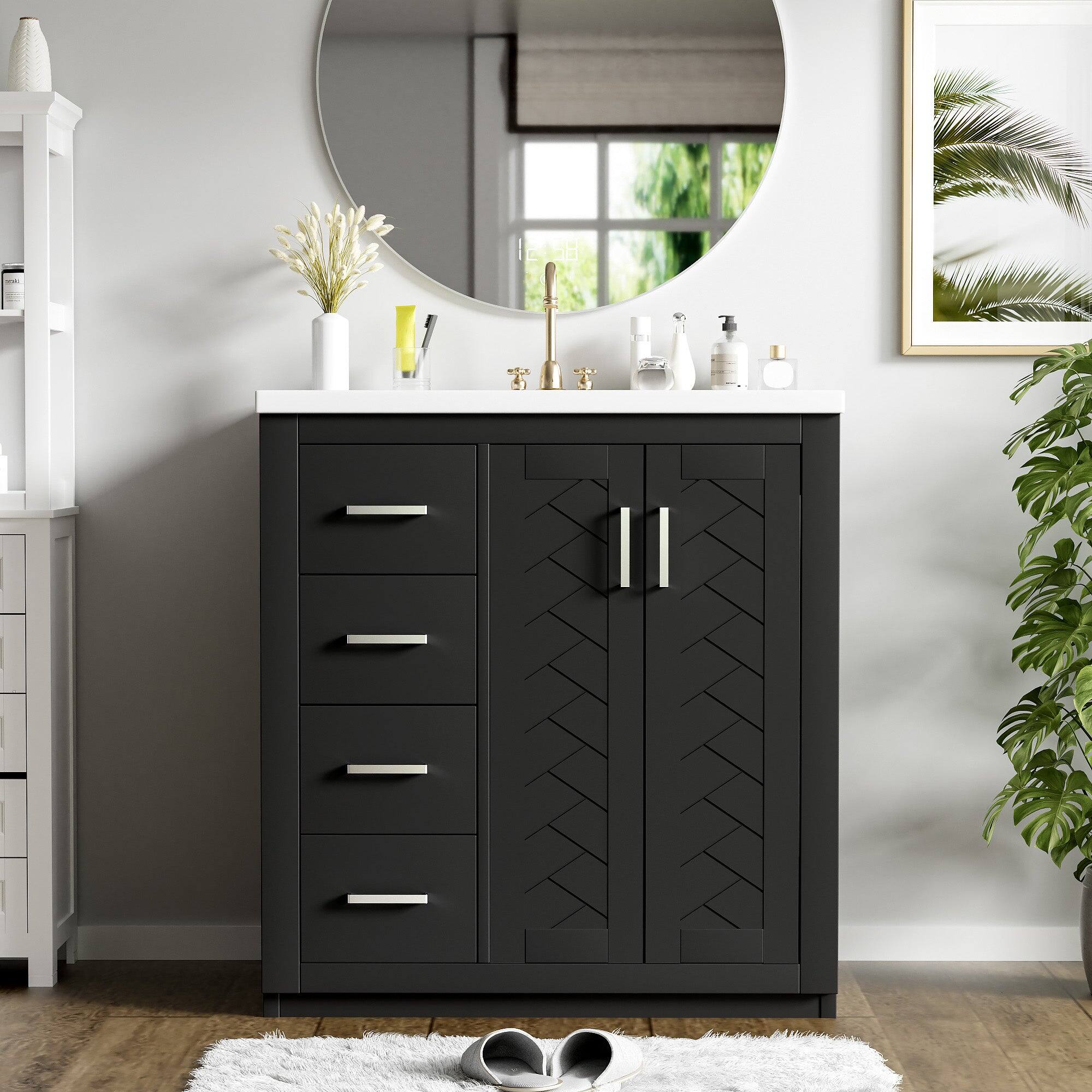 Alt View 4. Boyel Living - 30 Inch Bathroom Vanity Black with Ceramic Sink Solid Wood Frame 3 Drawers 1 Cabinet - Black.