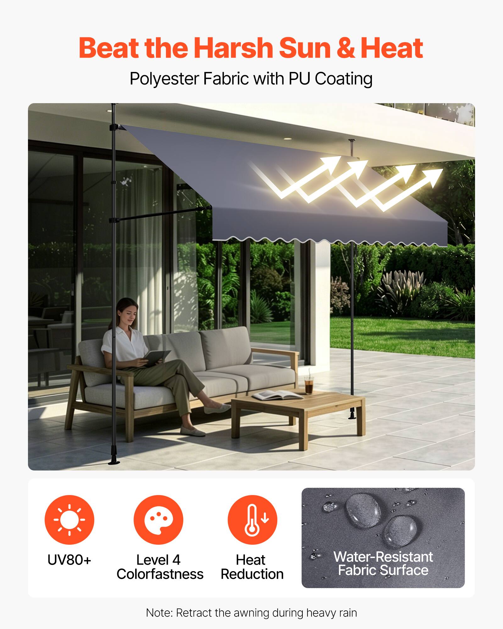 Beat the Harsh Sun & Heat  
Polyester Fabric with PU Coating  

UV80+  
Level 4 Colorfastness  
Heat Reduction  

Water-Resistant Fabric Surface  

Note: Retract the awning during heavy rain