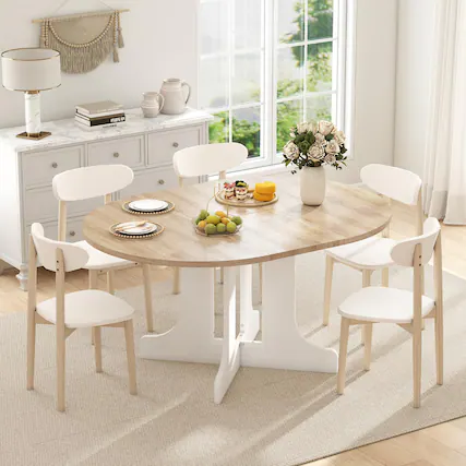 Front. Ecooso - 59x43 Inch Dining Table for Farmhouse Kitchen Expandable Oval Table Top with Removable Leaf Trestle X Shaped Base White - White Oak.