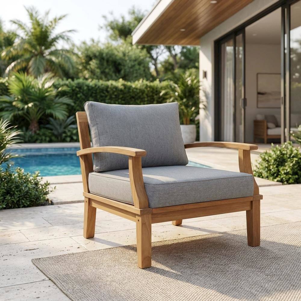 Left. Outdoor Escape - Outdoor Patio Teak Right-Facing Sofa With Cushioned Seat And Armrests - Gray.