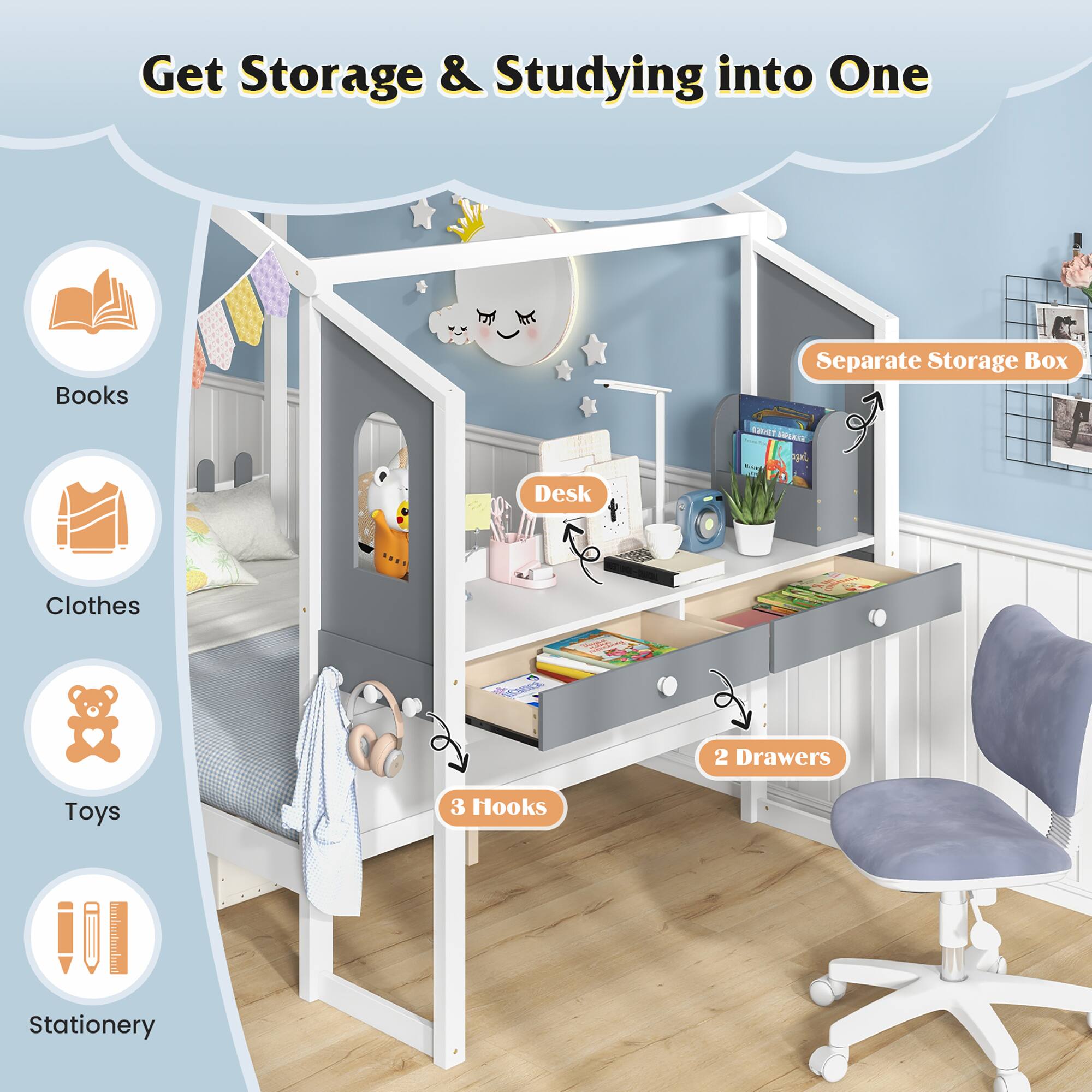 Get Storage & Studying into One

Books  
Clothes  
Toys  
Stationery  

Desk  
2 Drawers  
3 Hooks  
Separate Storage Box