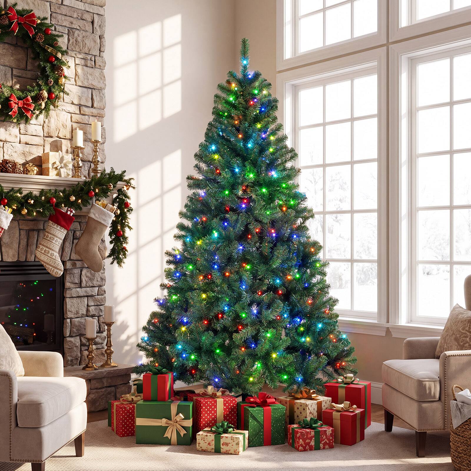 Alt View 1. Costway - Costway 6 ft Smart Pencil Christmas Tree with Remote & APP, 300 Pre-Lit RGB LED Lights - Green.